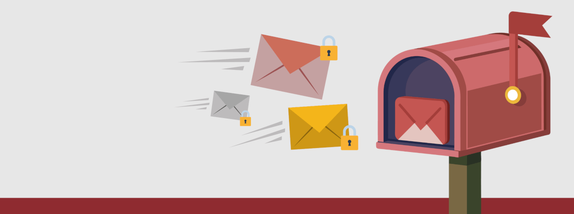 Illustration of locked envelopes flying towards an old-timey mailbox